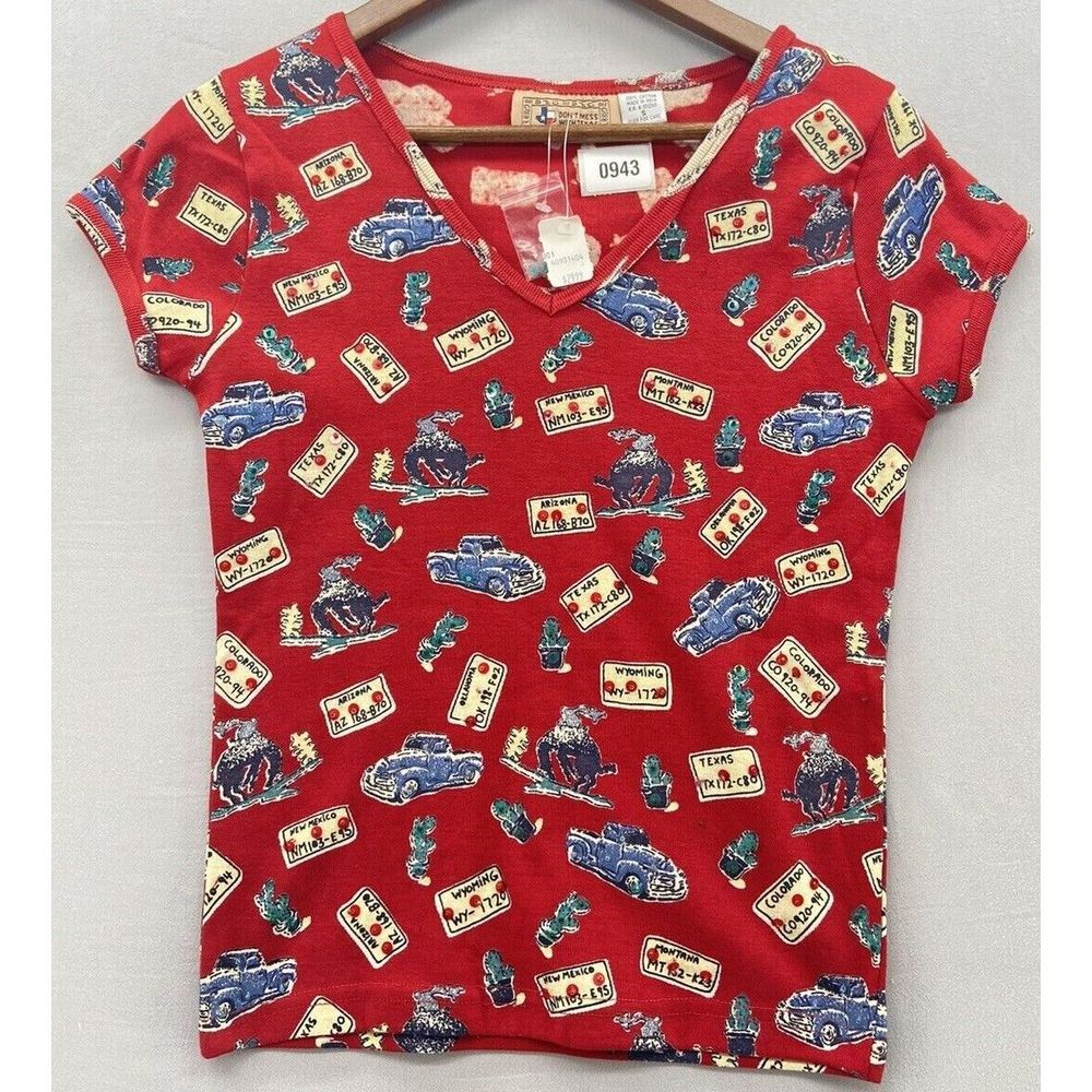Women’s Red Printed V-Neck Button Down Shirt